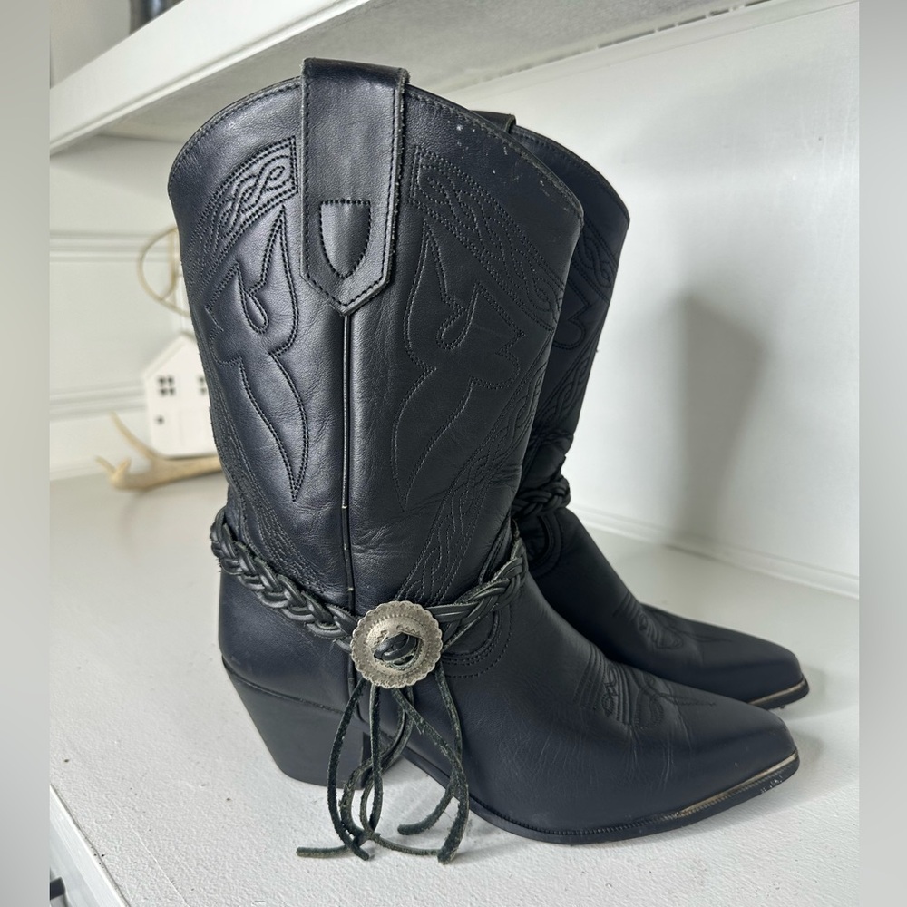 **SOLD**Oak Tree Farms Black Leather Western Cowboy Boots Braided Harness 9 - Picture 3 of 9